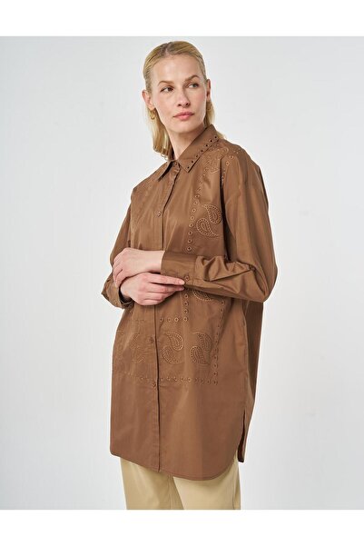 Kayra 100% Cotton Piece Shirt Collar Laser Cut Tunic Brown