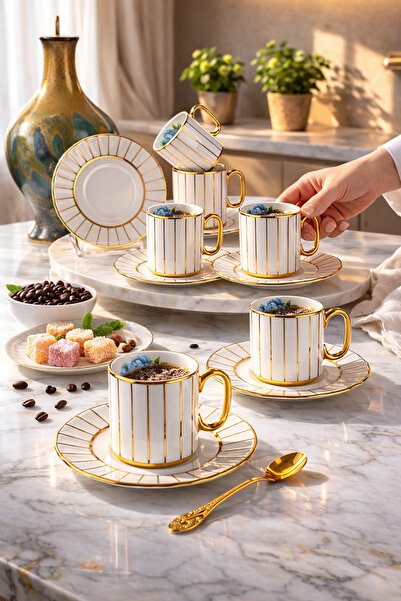 Kezze 6 Kişilik Lüks Porselen Türk Kahvesi Fincan Takımı - Altın Yaldızlı Kah...