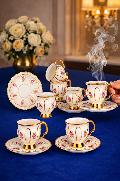 Kezze 6 Kişilik Lüks Porselen Türk Kahvesi Fincan Takımı - Altın Yaldızlı Kah...