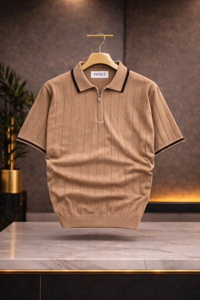 oneoff Ανδρικό μπλουζάκι με λαιμόκοψη πόλο, υφή πλεκτού, με μισό φερμουάρ, κα...