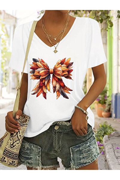 mercoledi Γυναικεία μπλούζα με κορδέλα ThanksGiving με τύπωμα με λαιμόκοψη V ...