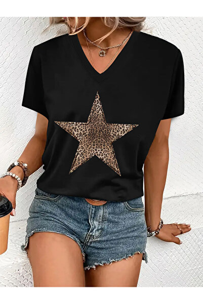 mercoledi Γυναικείο μπλουζάκι Star Με λεοπάρ τύπωμα με λαιμόκοψη V και μανίκι...