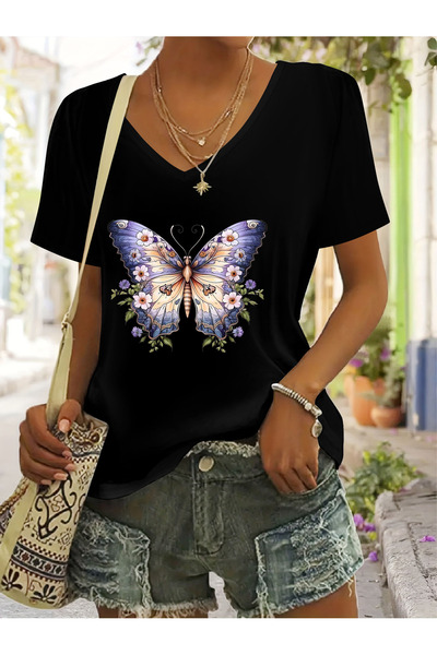 mercoledi Women's Butterfly Printed V-Neck Sleeved Regular Fit T-Shirt