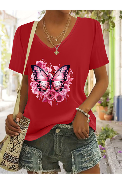 mercoledi Women's Butterfly Printed V-Neck Sleeved Regular Fit T-Shirt