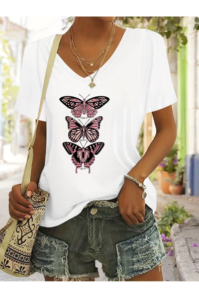 mercoledi Women's Butterfly Printed V-Neck Sleeved Regular Fit T-Shirt