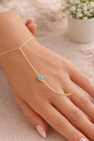 TuQos Gold Color Blue Stone Steel Şahmeran Women's Finger Bracelet Elegant De...