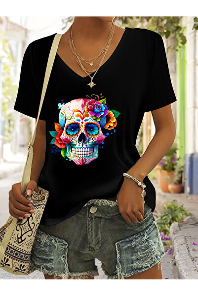 mercoledi Sugar Skull cu imprimeu pentru femei, cu decolteu în V și mâneci, c...