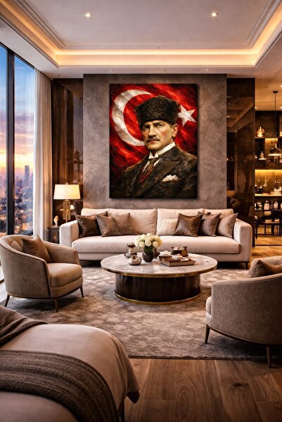 EMİLART Yağlı Boya Görünümlü ATATÜRK ve TÜRK BAYRAĞI Temalı Özel Tasarım Kanv...
