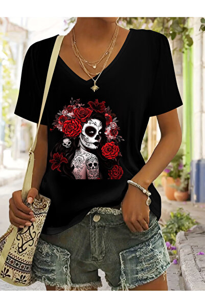 mercoledi Sugar Skull cu imprimeu pentru femei, cu decolteu în V și mâneci, c...
