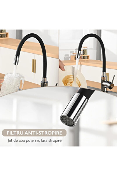 Ruhhy Baterie Chiuvetă Bucătărie Flexibilă 360°, Inox, Pipă Înaltă, Cartuș Ceramic, Negru/Argintiu