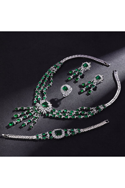 jewerlystore Luxury Emerald Snowflake Tassel 4-Piece CZ Jewelry Se