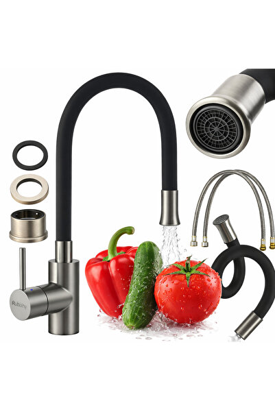 Ruhhy Baterie Chiuvetă Bucătărie Flexibilă 360°, Inox, Pipă Înaltă, Cartuș Ce...