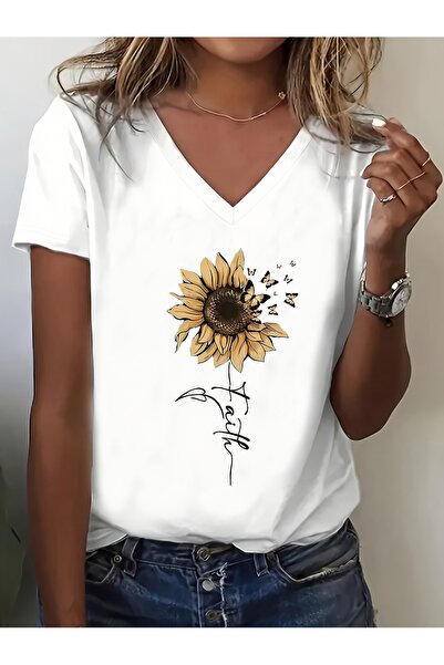 mercoledi Women's Papatya Printed V-Neck Sleeved Regular Fit Comfortable T-Shirt