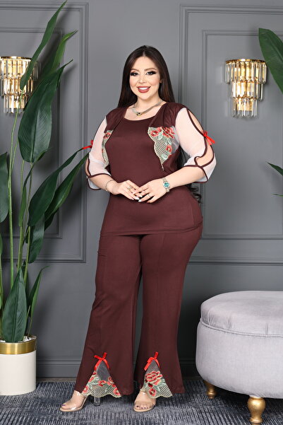 BONİTA FASHİON Women's Plus Size Bolero and Pants Embroidered- Bow Detail Sle...