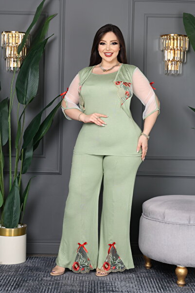 BONİTA FASHİON بليريوس وبنطلون نسائي مقاس كبير مطرز - تفاصيل فيونكة أكمام قصي...