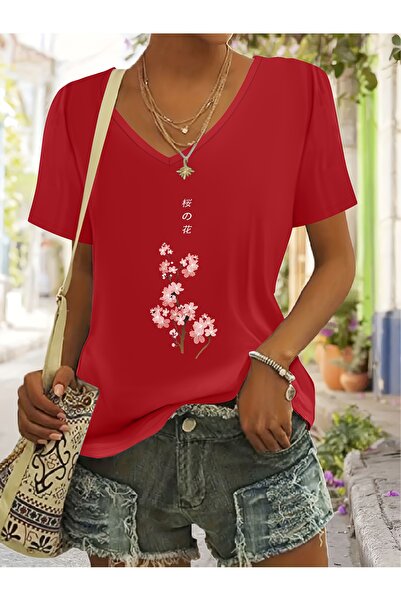 mercoledi Women's Sakura Printed V-Neck Regular Fit T-Shirt with Sleeves