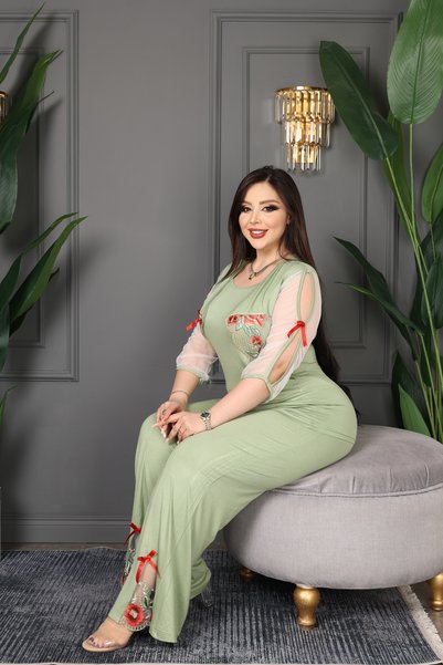 BONİTA FASHİON Women's Plus Size Bolero and Pants Embroidered- Bow Detail Sleeves Tulle Piece Bottom Top Premium Set