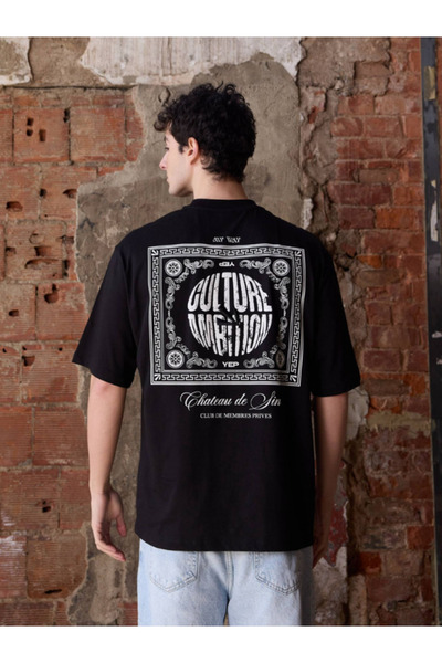 Chirkef Unisex Black Oversized 100% Cotton Back Printed Crew Neck Street Style T-Shirt Culture