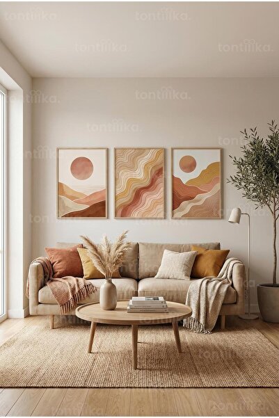 Tontilika Modern Bohem Toprak Tonları Soyut Doğa Desenleri 3’lü Ahşap Çerçeve...