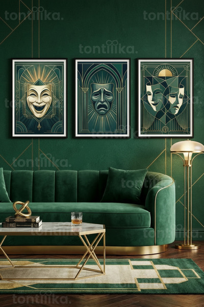 Tontilika Art Deco Zümrüt Yeşil Tiyatro Maskeleri 3’lü Ahşap Çerçeveli Tablo ...