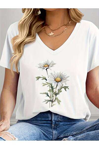 mercoledi Women's Papatya Printed V-Neck Sleeved Regular Fit Comfortable T-Shirt