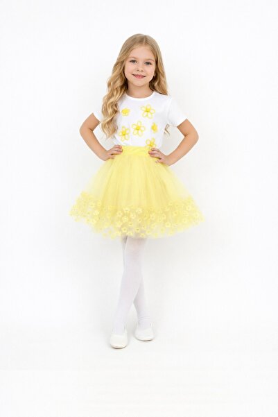 Nacar Kız Çocuk 23Nisan 29Ekim Gösteri Kıyafeti Papatya Desenli T-Shirt Desen...