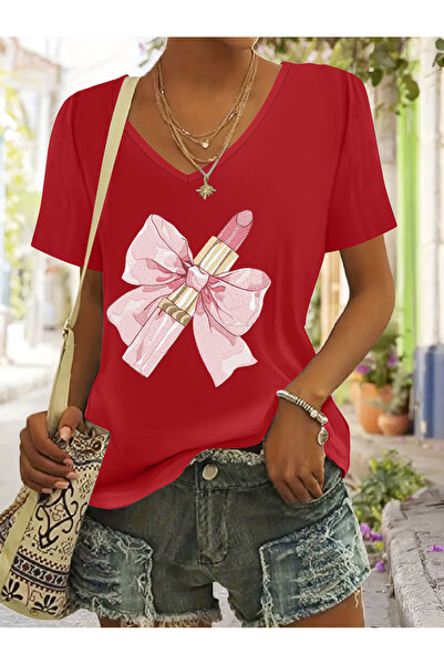 mercoledi Women's Printed V-Neck Regular Fit T-Shirt with Sleeves