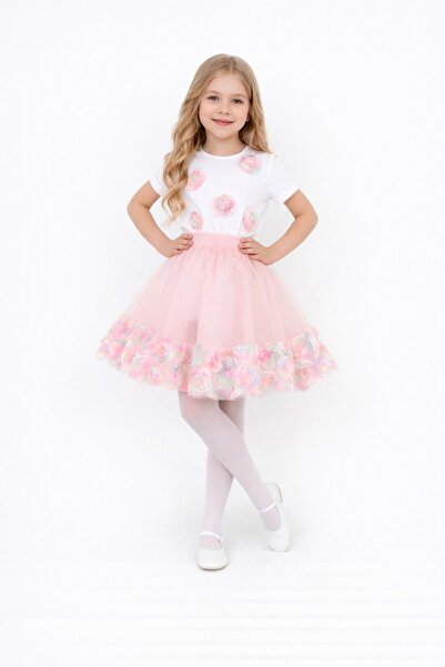 Nacar Kız Çocuk 23Nisan 29Ekim Gösteri Kıyafeti Gül Detaylı T-Shirt Çiçek Gül...