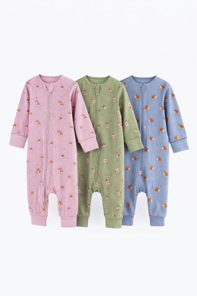 Next Baby Cotton Pieces Purple Floral Print 3-Piece Jumpsuit Set