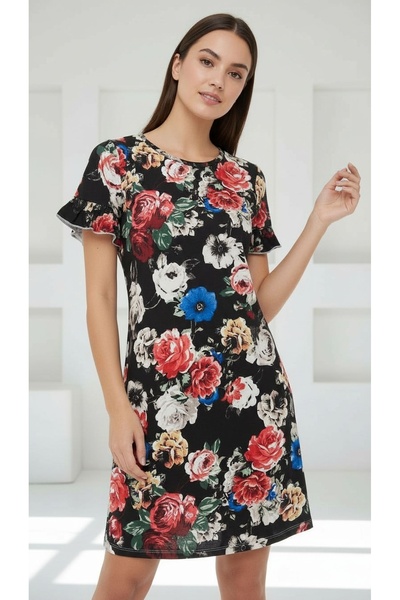 MAMAYAGA Rochie casual pentru femei guler rotund scurtă cu volane cu mâneci v...