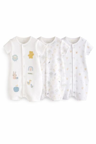 Next Baby Cotton Piece White Animal Print 3-Piece Romper Set