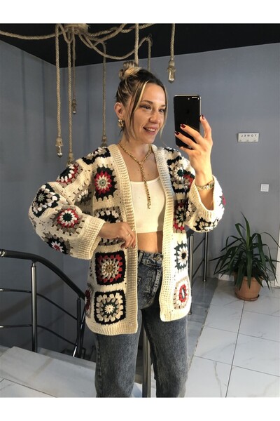 Gözde Tasarım Butik Women's Ecru Color Handmade Color Block Motif Design Croc...