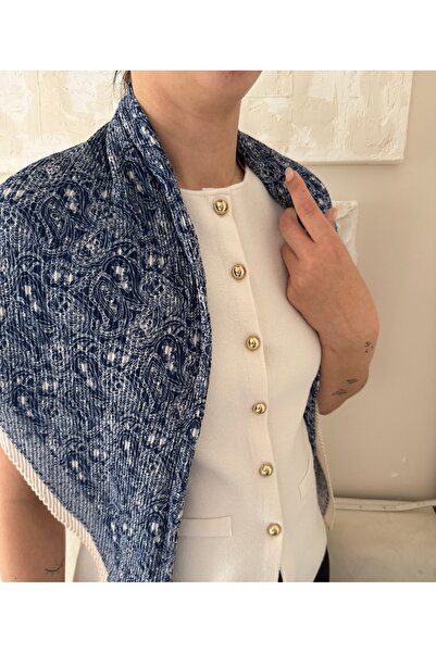 Junsui Navy Blue-White Floral Print Shawl