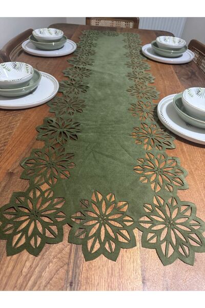 EHA LAZER Khaki Green Floral Detailed Design Runner American Service Tablecloth