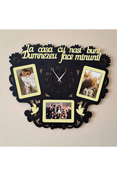 damoro Photo frame with clock, personalized for NANUTI, 3 pictures, Wood, bla...