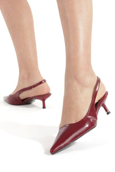 MİNNACE Burgundy Crinkled Patent Leather Pointed Toe Open Back Elastic 4 cm T...