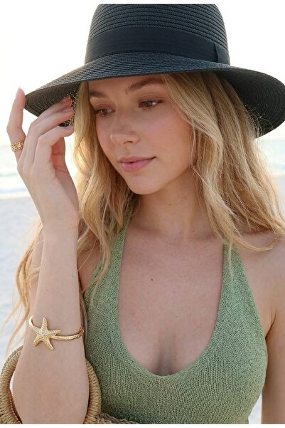 LAGRANZE Pălărie de soare pentru femei Aurora, din paie neagră, cu detaliu pa...