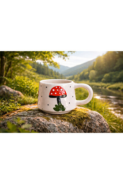 Casa Plus Ceramic Handmade Large Size Mug Mushroom Patterned Coffee Cup