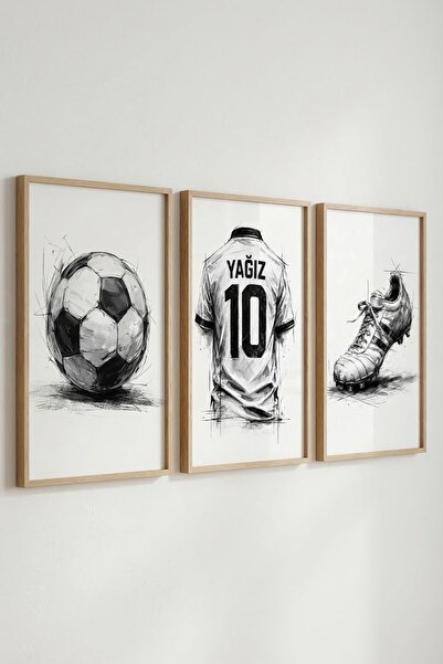 KİDEWO Kişiye Özel Futbol Temalı Çocuk Odası Duvar Tablosu 3’lü Set İsimli Fo...