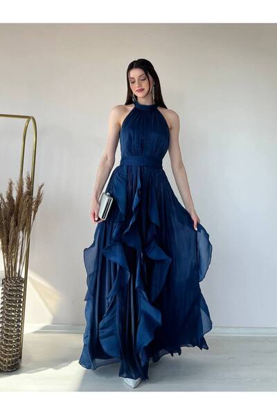 zoezoe 2-Eli-s Straplez Volanlı Yırtmaçlı Sıfır Kol Janjan Şifon Abiye Elbise