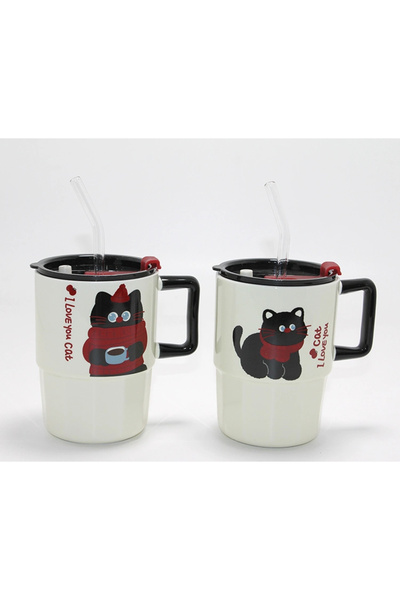 Epilons Cute Confused Cat Figured Porcelain Mug with Straw and Lid