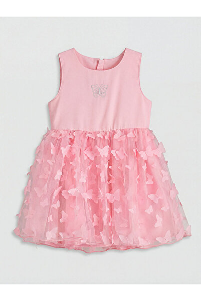 LC Waikiki Ροζ φόρεμα για κορίτσια με λεπτομέρεια από τούλι και λαιμόκοψη ποδ...