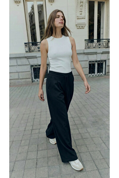The Champ Clothing Pantaloni negri wide-leg pentru femei – talie elastică, cu...