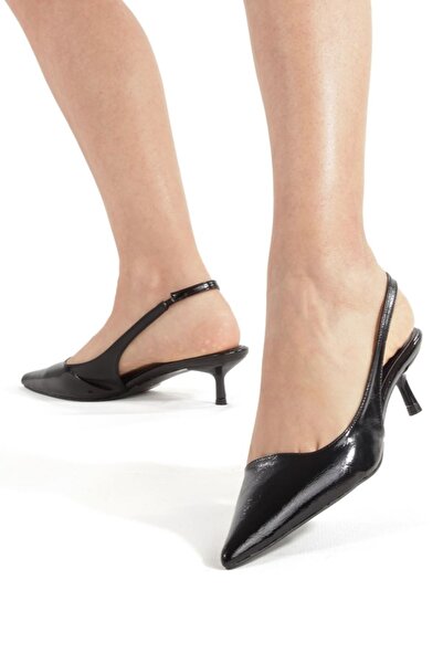 MİNNACE Black Wrinkled Patent Leather Pointed Toe Open Back Elastic 4 cm Thin...