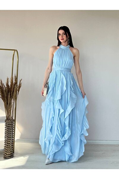 zoezoe 2-Eli-s Straplez Volanlı Yırtmaçlı Sıfır Kol Janjan Şifon Abiye Elbise