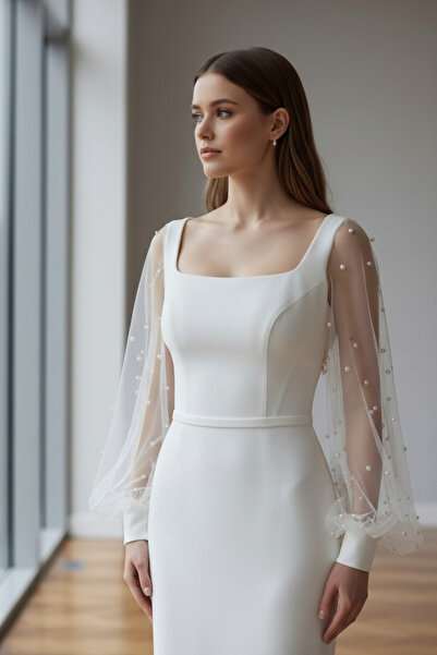 ENDAMIM Μάξι νυφικό με τετράγωνη λαιμόκοψη και μανίκια μπαλόνι με πέρλες Y άν...