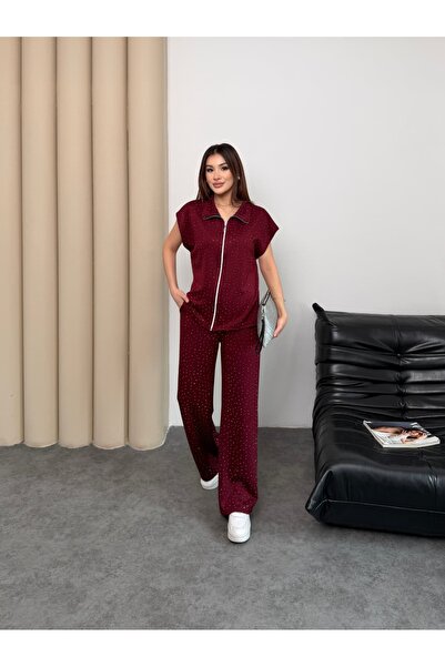 Mazelf Baby&Kids Wear Burgundy Stone Detailed Double Set with Elastic Waistband