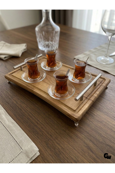 GOLDENWOODEN Stylish Design Serving Tray with Natural Wooden Legs and Stainle...