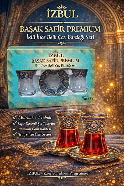 izbul Başak Safir Premium 2’li İnce Belli Çay Bardağı ve Tabak Seti