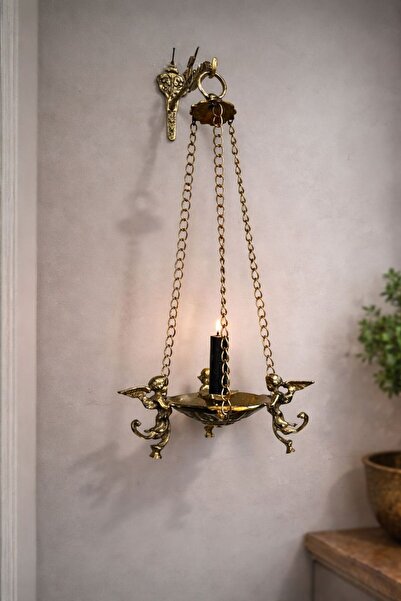 DecoZel PİRİNÇ DÖKÜM MELEKLİ MUMLUK DUVAR ASKILIĞI İLE BİRLİKTE SET DUVAR ŞAM...